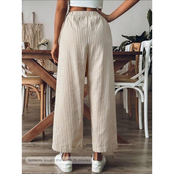 Wide leg striped boho pants drawstring tie waist white tan - Picture 2 of 4